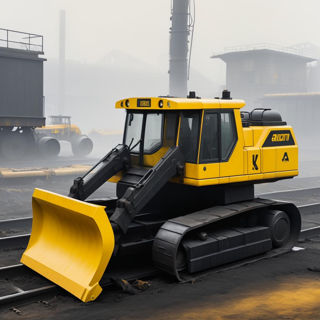 Thoughtful Excavator in Foggy Rail Yard