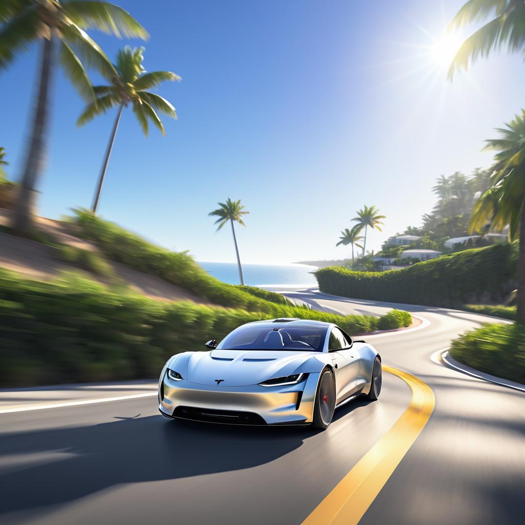 Tesla Roadster Racing Through Scenic Coastline