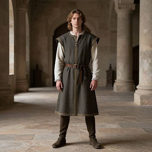 Photograph of a young white man with long brown hair, wearing a medieval-style black tunic, white shirt, brown belt, and black boots,