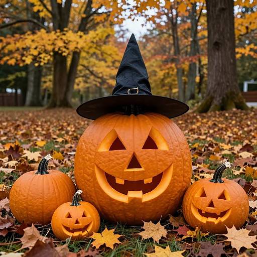 Carved Halloween Pumpkins with Witch Hat in Autumn