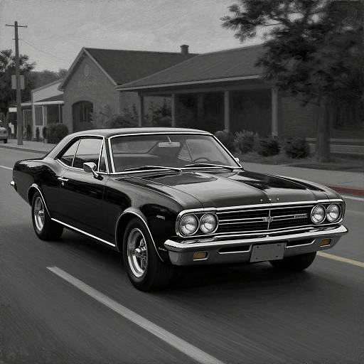 Photograph of a sleek, black vintage muscle car driving on a suburban street with classic brick houses and trees in the background.