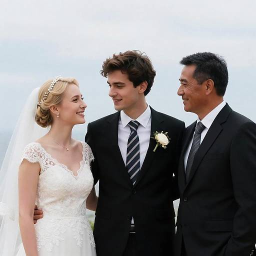 Joyful Wedding Moment Under Soft Sky