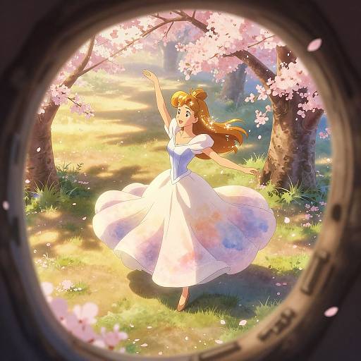 Digital anime-style drawing of a dancing princess with flowing brown hair, white dress, and blue bodice, framed by cherry blossom tree petals. Sunlit