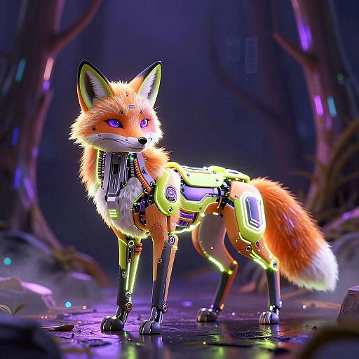 Digital art of a glowing, cybernetic fox with orange fur, purple eyes, and neon accents in a dark, futuristic forest.