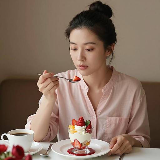 Asian Woman Eating Strawberry Parfait