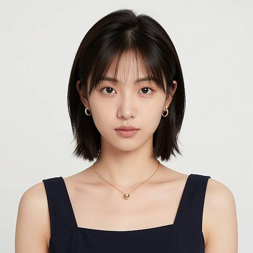 Photograph of an East Asian woman with straight black shoulder-length hair, wearing a black sleeveless top, gold hoop earrings, and a delicate gold necklace