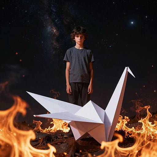 Photograph of a young boy with curly hair in a dark t-shirt standing beside a white paper airplane amidst fiery flames, set against a starry night