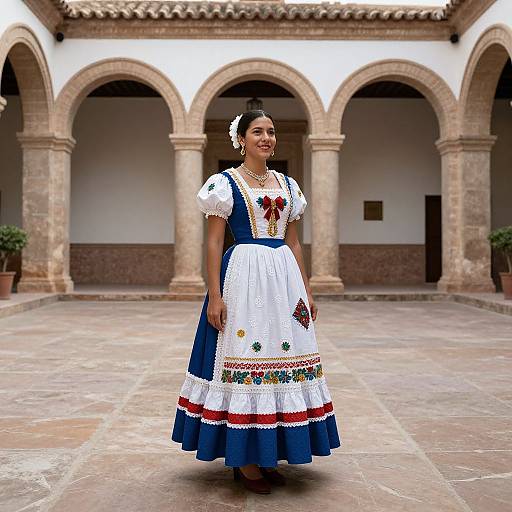 Photograph of a smiling woman in traditional Spanish flamenco dress, blue and white with red and yellow embroidery, standing in an arched courtyard with stone