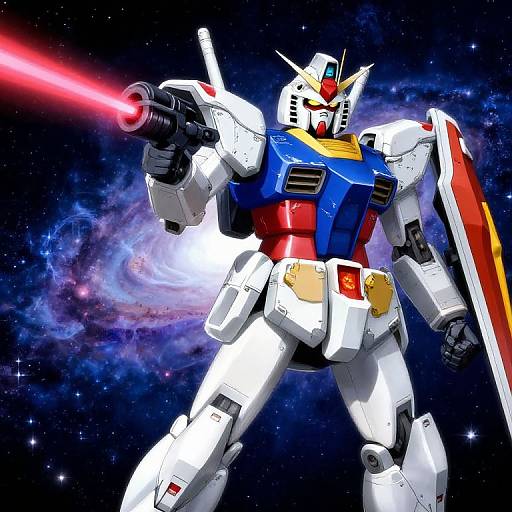 Gundam Robot with Laser Weapon in Galaxy Background