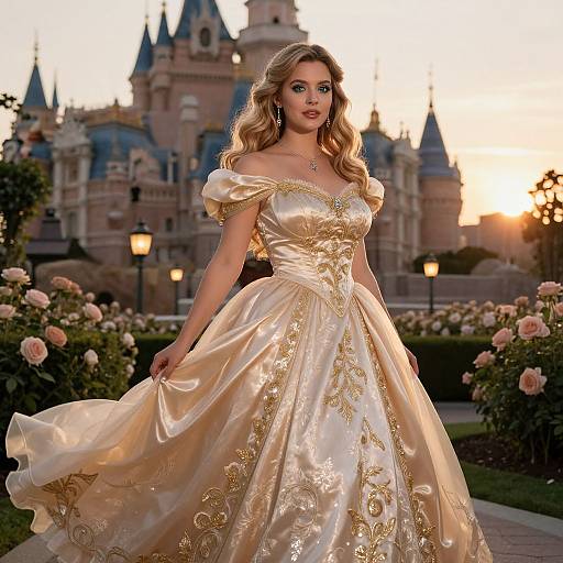 Photograph of a blonde woman in an off-the-shoulder, gold-embroidered, ivory satin ball gown, standing in front of a