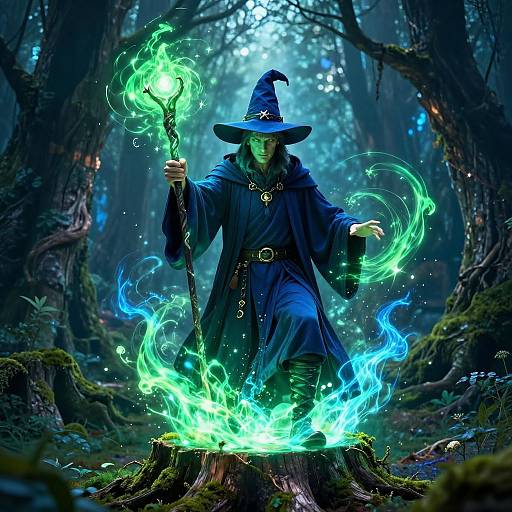 Digital artwork of a mysterious witch in a blue robe and hat, conjuring green and blue magical flames on a mossy tree stump in a dark,