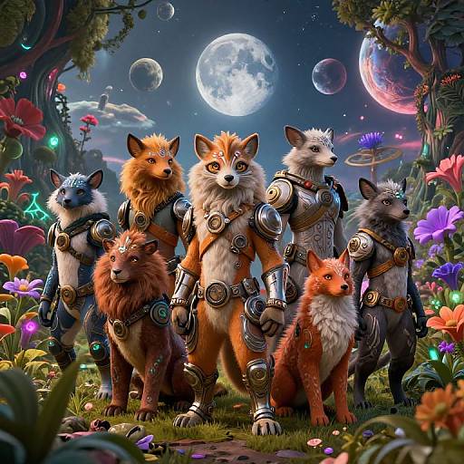 Digital art: Five anthropomorphic foxes in futuristic armor stand in a vibrant, moonlit garden with colorful flowers and planets in the sky.