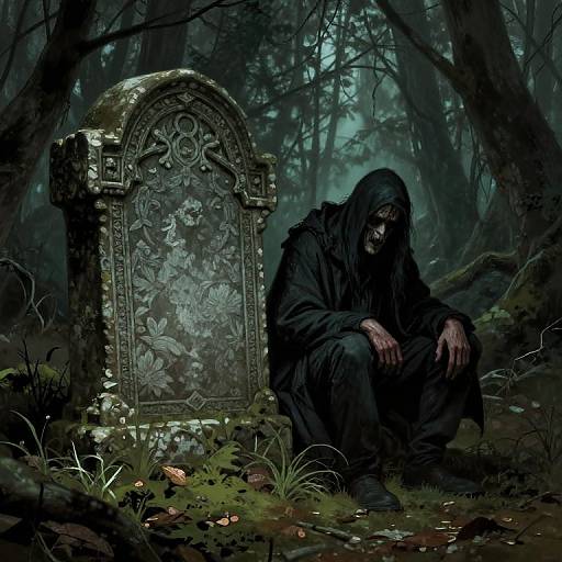 Dark, eerie digital artwork of a hooded figure crouching beside an ornate, moss-covered tombstone in a foggy, forested graveyard