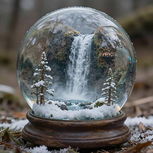 Photograph of a snow globe featuring a miniature forest with snow-covered pine trees and a cascading waterfall, set on a rustic wooden base in a snowy