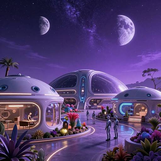 Digital artwork of futuristic dome-shaped buildings under a starry night sky with visible planets, illuminated by purple and blue lights. People stroll through a vibrant,