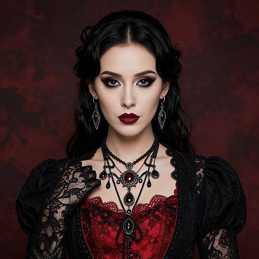 Gothic-style photograph of a pale-skinned woman with dark, wavy hair, red lace corset, black lace shawl, intricate jewelry