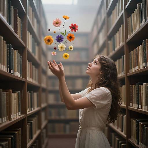 Photograph of a young woman with long brown hair, wearing a white dress, releasing colorful floating flowers in a library aisle.
