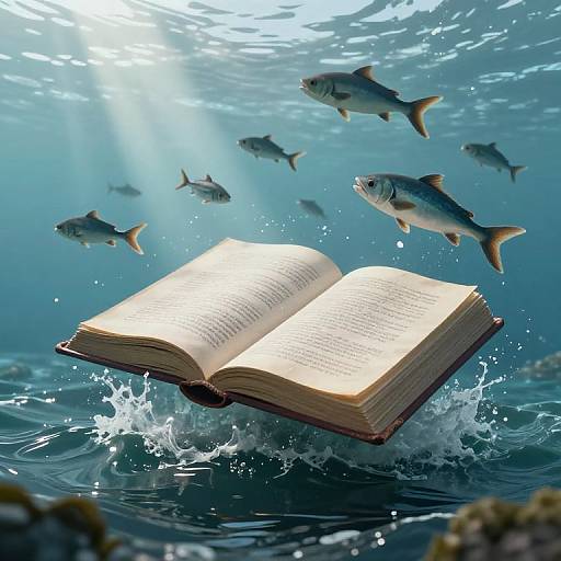 Photograph of an open book floating underwater, surrounded by swimming fish, with sunlight piercing through the water's surface.