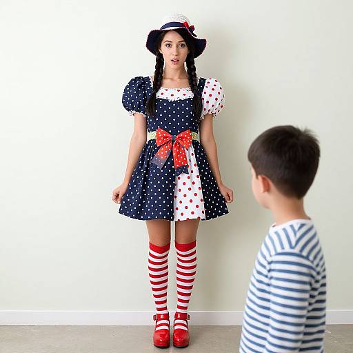 Photograph: Young woman in navy polka-dot dress with red bow, white polka-dot section, red striped stockings, red shoes, black hat