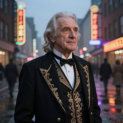 Elderly man with white hair in ornate black tuxedo stands on wet urban street at dusk, neon signs glowing behind. Photographic image