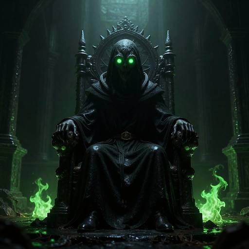 Dark Hooded Figure with Glowing Green Eyes on Throne