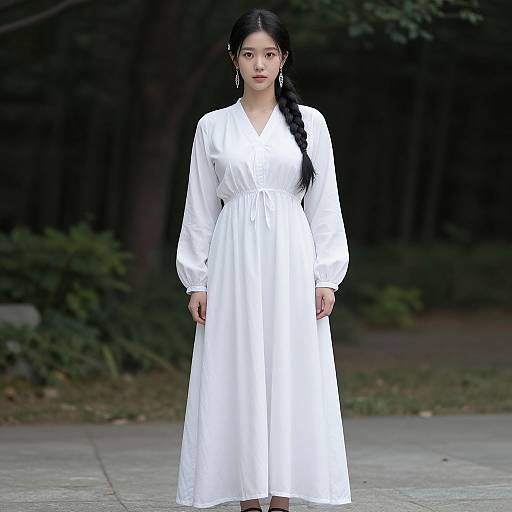 Photograph of an East Asian woman with long black braided hair, wearing a white long-sleeve dress, standing in a dimly lit outdoor