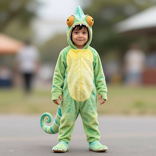 Photograph of a young boy smiling in a green and yellow chameleon onesie with orange eyes and curly tail, standing outdoors on a paved path.
