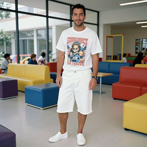 Photograph of a bearded man with short black hair, wearing a white graphic t-shirt, white shorts, and white sneakers, standing in a modern