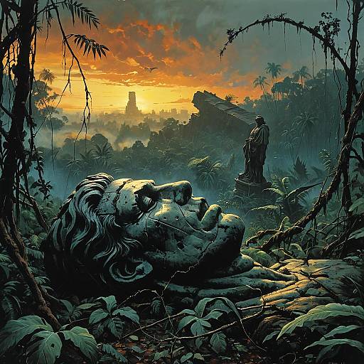 Giant Statue Head in Overgrown Jungle at Sunset