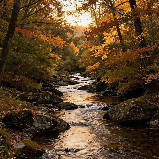 Photograph of a serene autumn forest stream, with golden leaves, sunlight filtering through trees, and rocks in the flowing water.