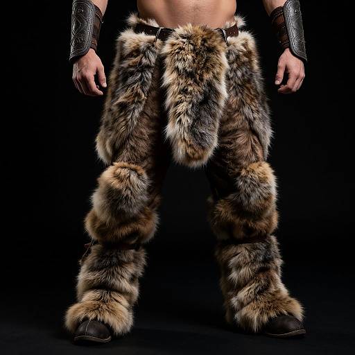 Photograph of a muscular male wearing fur-lined, brown and black wolf-like pants with leather wristbands, standing against a black background.