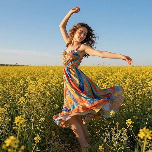 Photograph of a smiling woman with curly brown hair, wearing a colorful, flowing sundress, dancing in a vibrant yellow wildflower field under a clear