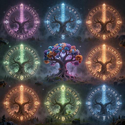 Digital artwork of six glowing magical trees with runes, surrounded by mist, each tree emitting different colored light: purple, blue, orange, green, yellow