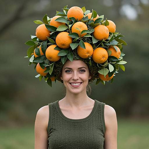 Photograph of a smiling woman with fair skin and brown hair, wearing a green sleeveless dress, topped with a large orange and leaf headpiece,