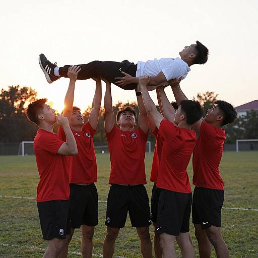 Athletes Lifting Teammate on Field at Sunset