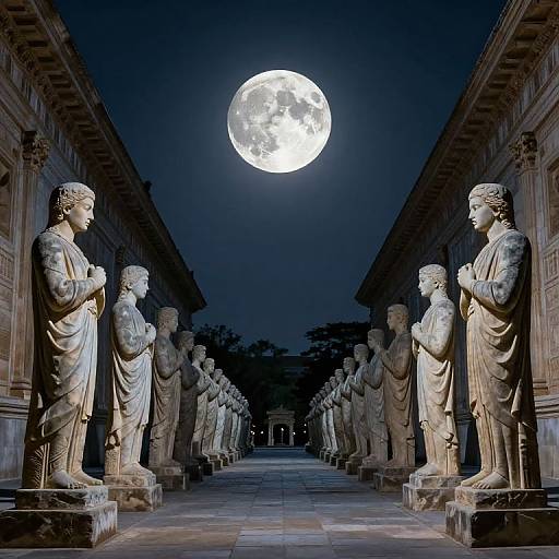 Photograph of a moonlit night, full moon overhead, statues of draped Greco-Roman figures standing in symmetrical rows down a stone colonn
