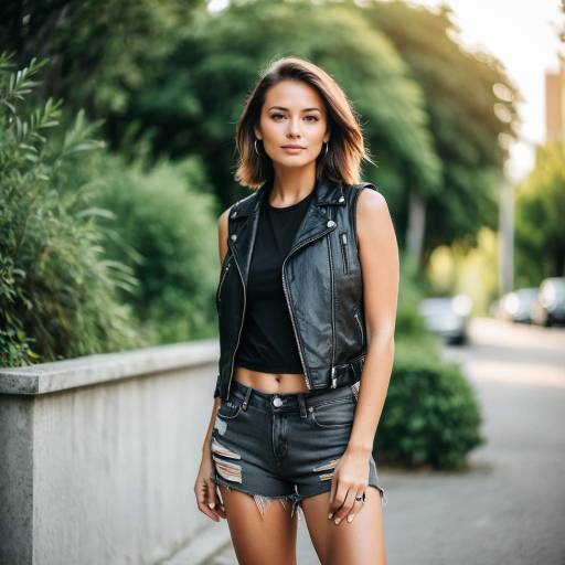Young Woman in Leather Vest and Shorts