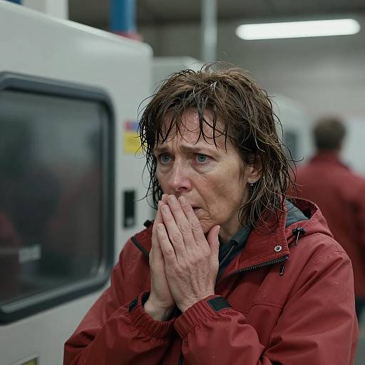 Anxious Middle-Aged Woman in Industrial Setting