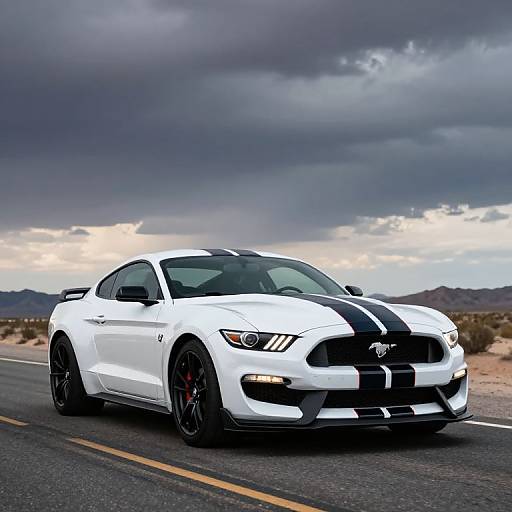 Photograph of a white Ford Mustang with black racing stripes, black wheels, and red brake calipers driving on a desert road under a cloudy sky.