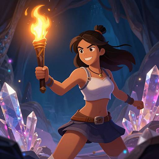 Digital illustration of a smiling, tan-skinned, dark-haired woman with a topknot, holding a torch, wearing a white crop top and blue