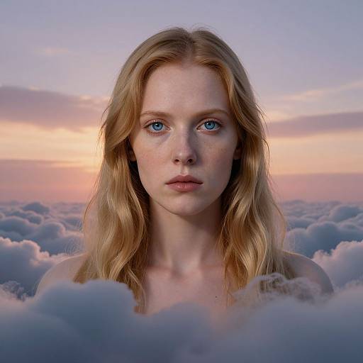 Photograph-like digital artwork of a freckled, blue-eyed, blonde woman with wavy hair, emerging from a sea of clouds at sunset.