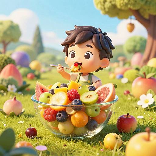 CGI cartoon of a cute boy with dark hair, eating fruit salad from a glass bowl in a colorful, sunny garden.