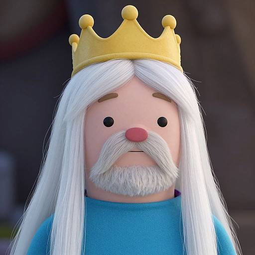 CGI image of a cartoonish king with a gold crown, long white hair, white beard, blue shirt, and pink nose.