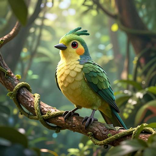 Photograph of a vibrant green and yellow bird with red eyes and blue-green feathers, perched on a moss-covered branch in a sunlit, dense