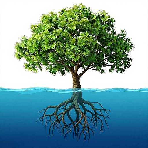Digital illustration of a lush, green tree with visible roots submerged in clear blue water, against a white background.