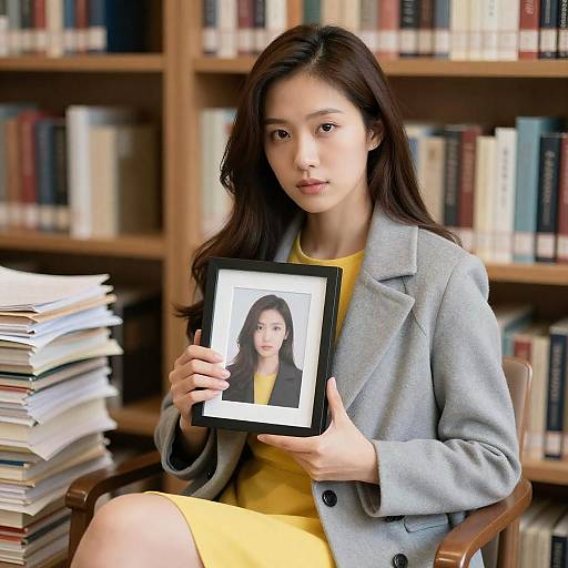 Introspective Asian Woman in Library Scene