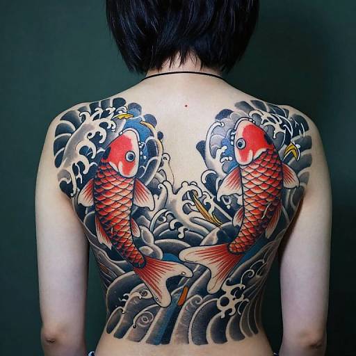 Photograph of a person's back with large, colorful koi fish tattoos, surrounded by wave patterns, on pale skin against a dark background.