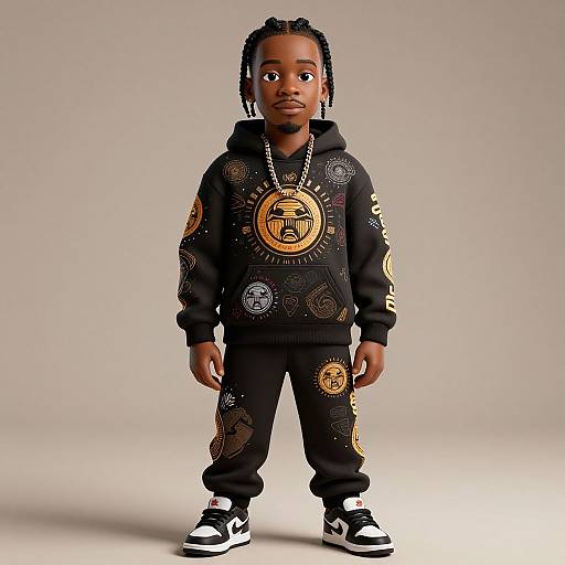 Photograph of a young Black boy with braided hair, wearing a black hooded sweatshirt with celestial designs, black pants, and black-and-white