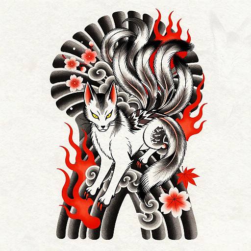 Digital illustration of a fierce, white fox with nine swirling tails, surrounded by black brushstrokes, red flames, and white flowers. The fox has