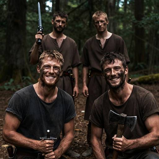 Men in Medieval Attire Holding Weapons in Forest